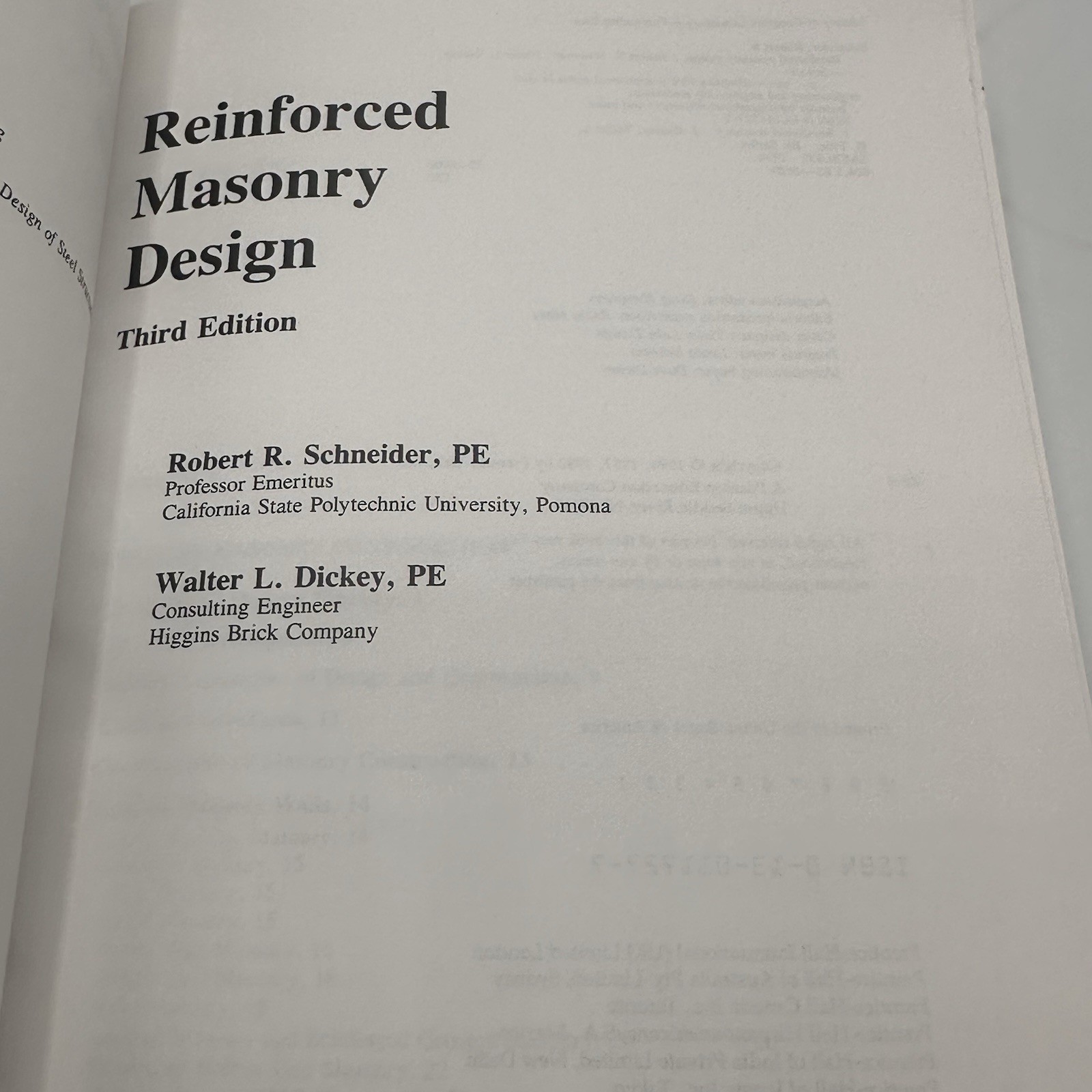 REINFORCED MASONRY DESIGN (3RD EDITION) By Robert R. Schneider & Walter L. VG