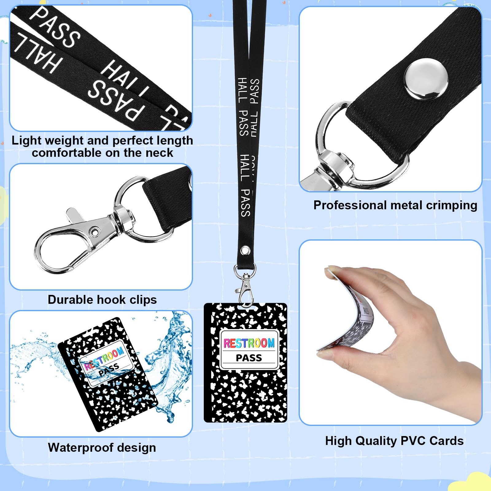 16 PCS 2.4×3.5 In Black White PVC Writable Hall Pass Lanyards Classroom