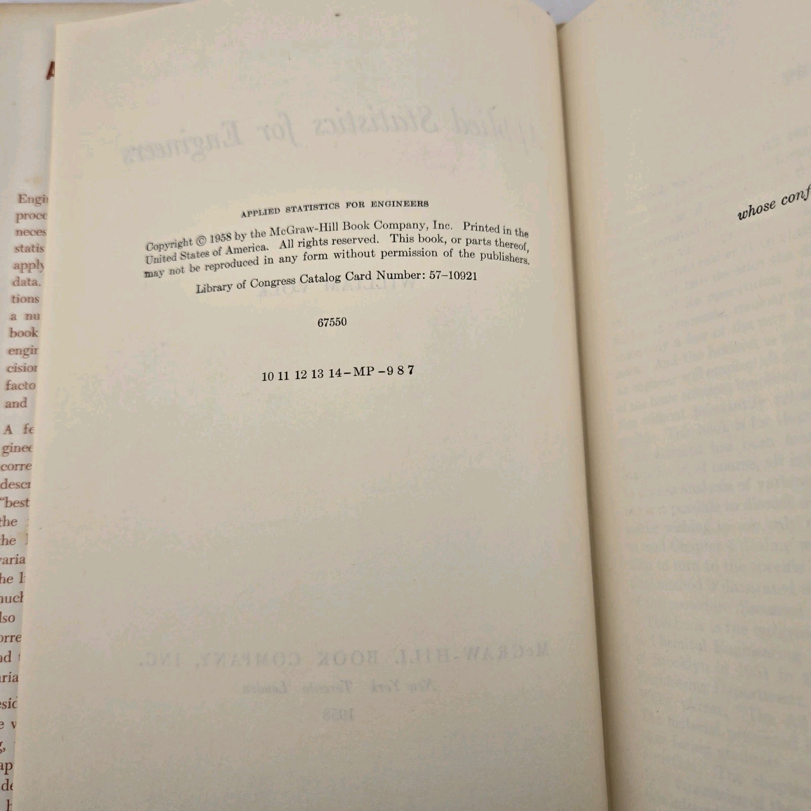 Applied Statistics for Engineers William Volk 1958 McGraw-Hill 1st Ed Dust…