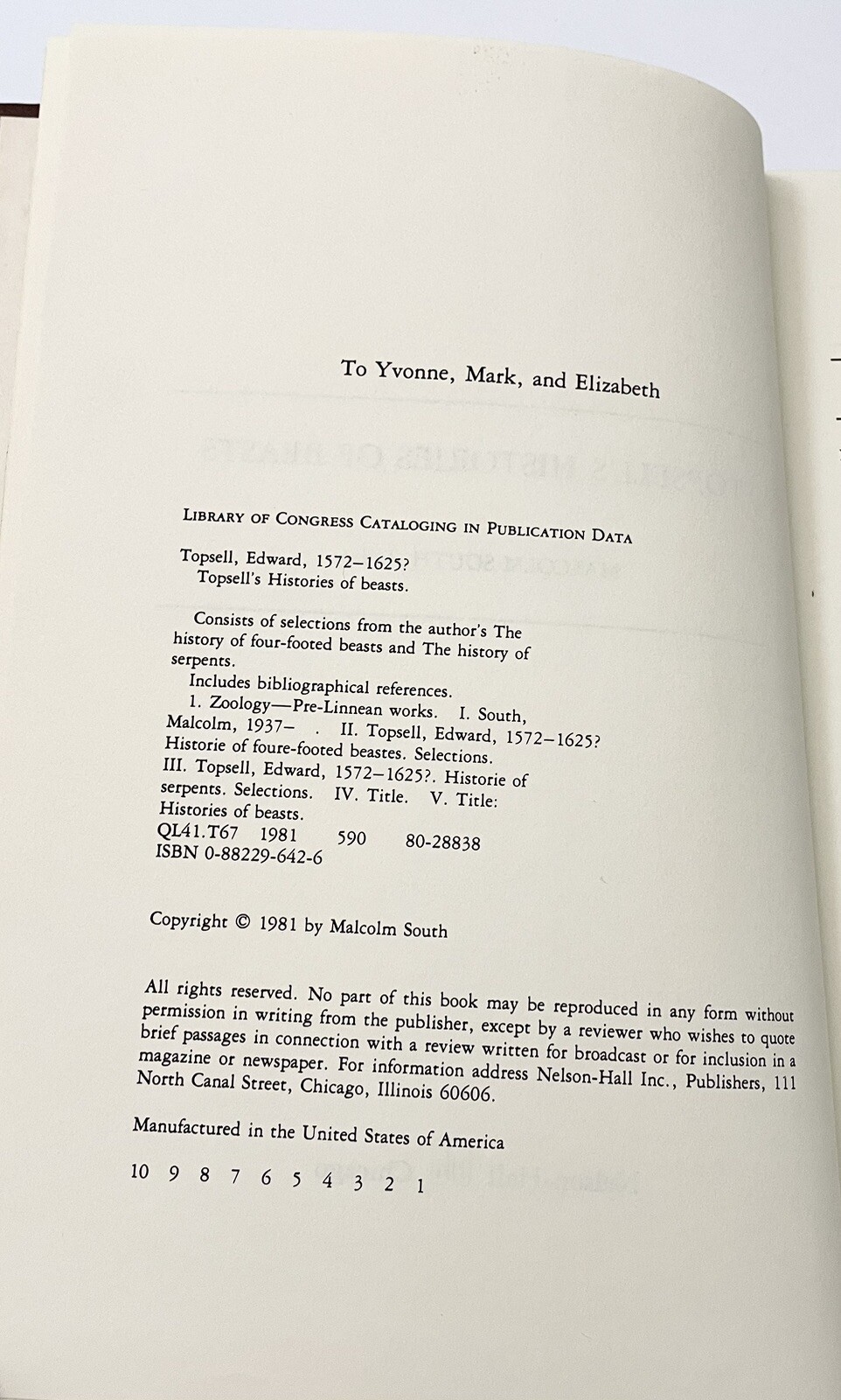 Topsell’s Histories of Beasts Hardcover First Edition 1st Print Ed Malcolm South