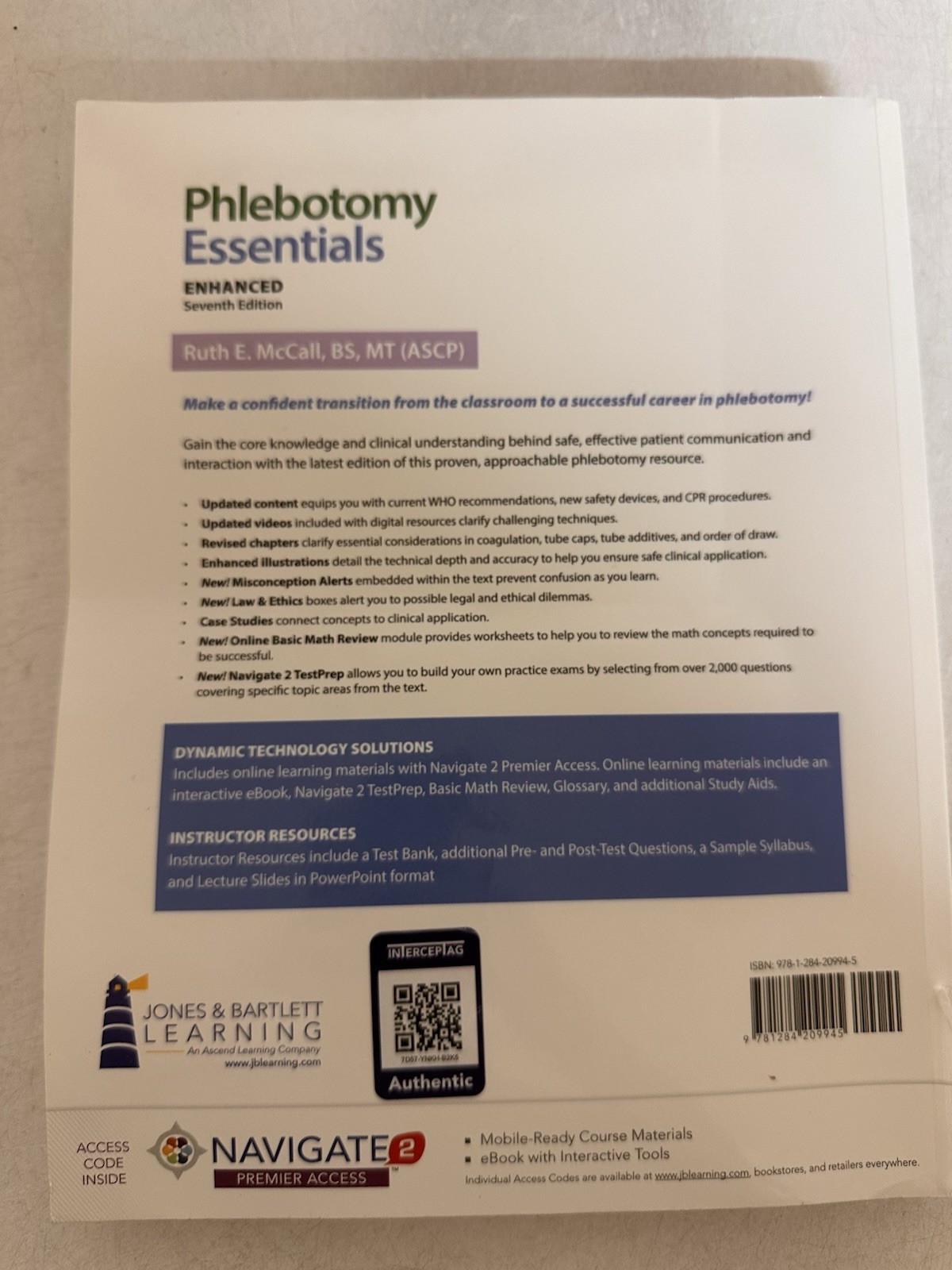 WITH CODE Phlebotomy Essentials by Ruth E. McCall (2020, Trade Paperback)7th ed