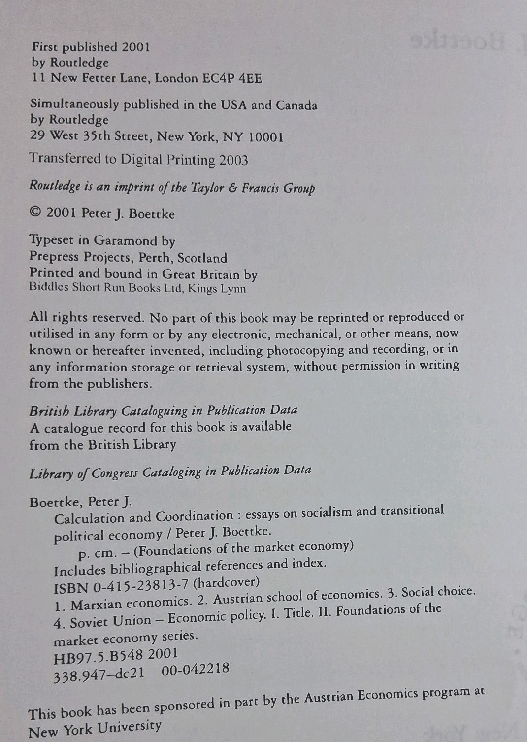 Calculation & Coordination Essays on…Political Economy HC 2001 Peter J Boettke