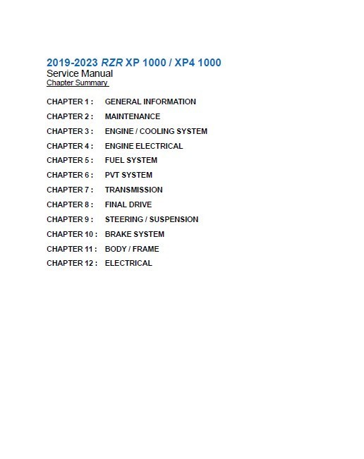 2019-2023 Polaris RZR XP 1000 Service Manual: w/ Protective Covers