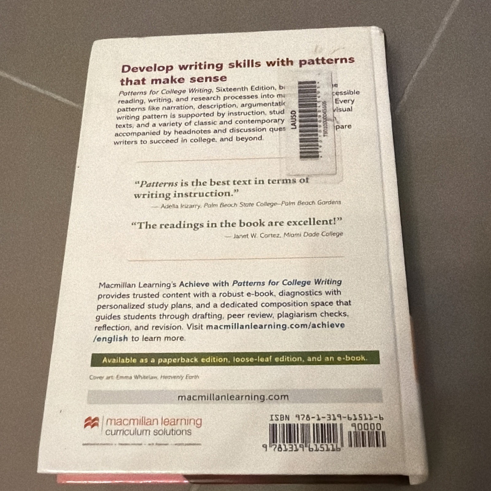 Patterns for College Writing:Rhetorical Reader 16th Kirszner/Mandela -Hardcover