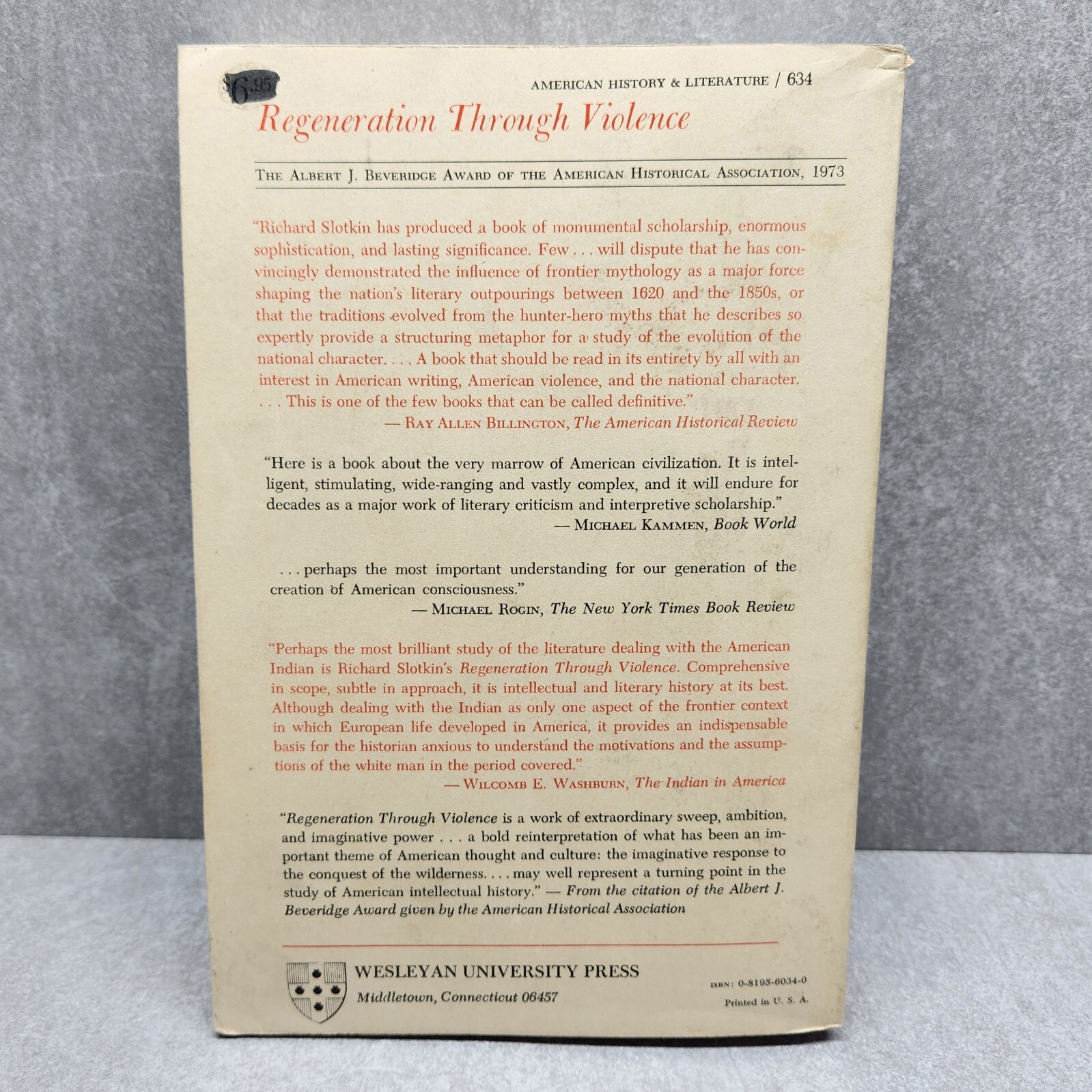 Regeneration Through Violence by Richard Slotkin 1973 Paperback Wesleyan Press