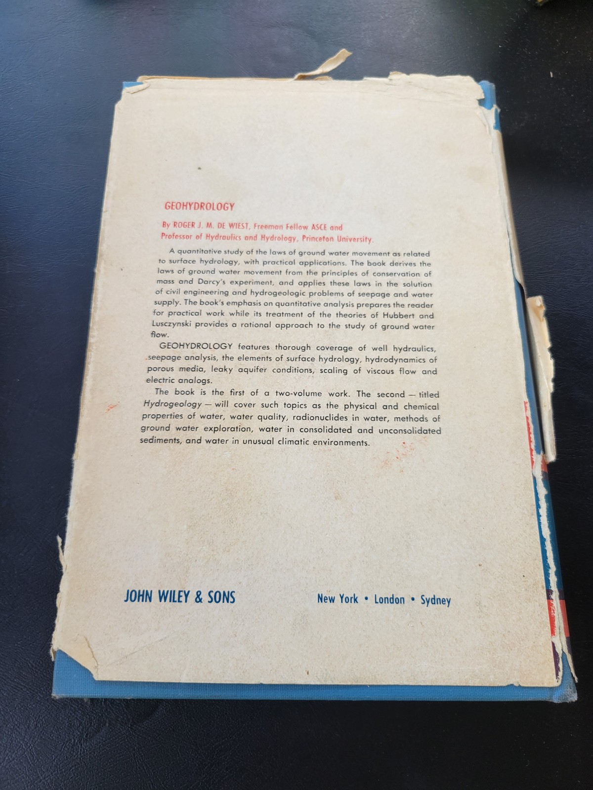 GEOHYDROLOGY by Roger J. M. De Wiest 1965 John Wiley & Sons Hardcover Textbook