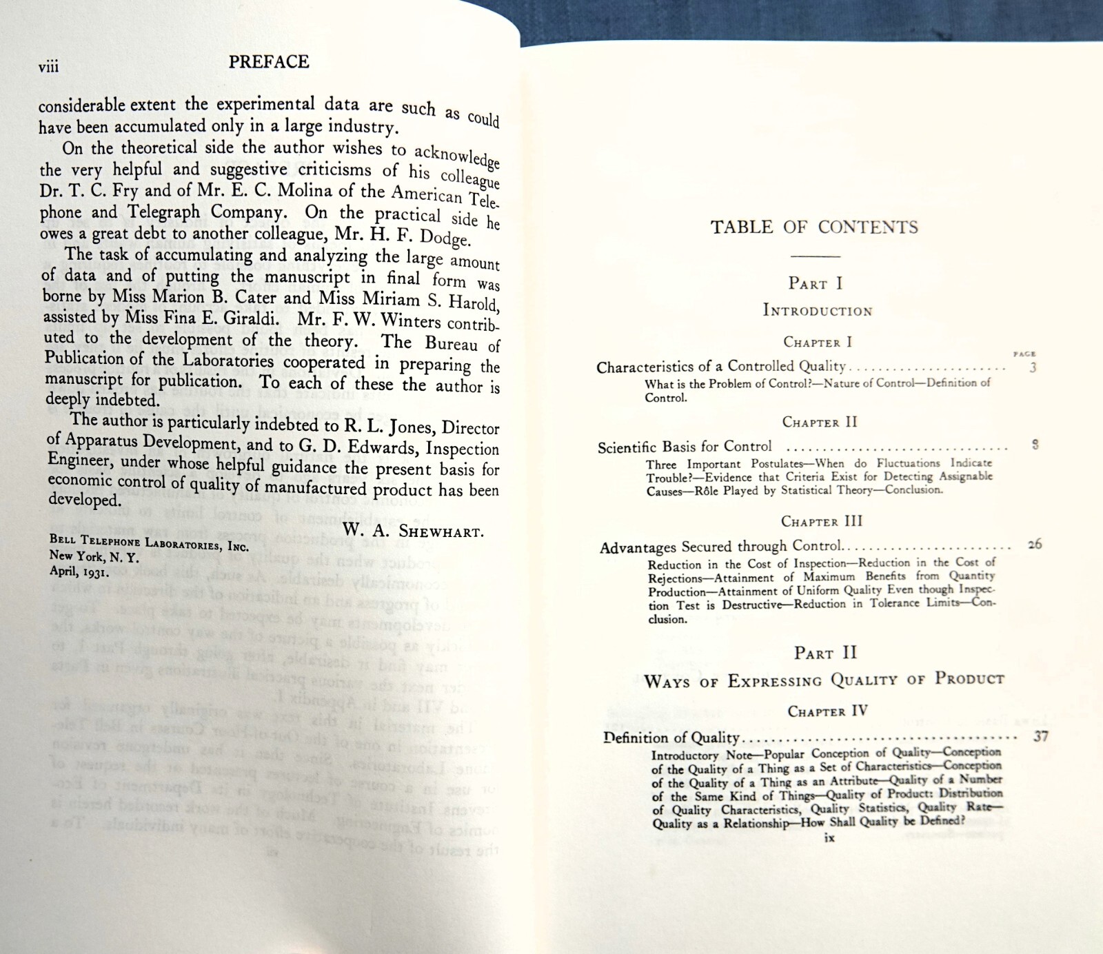 ECONOMIC CONTROL OF QUALITY OF MANUFACTURED PRODUCT BY W.A. SHEWHART 1931 HC
