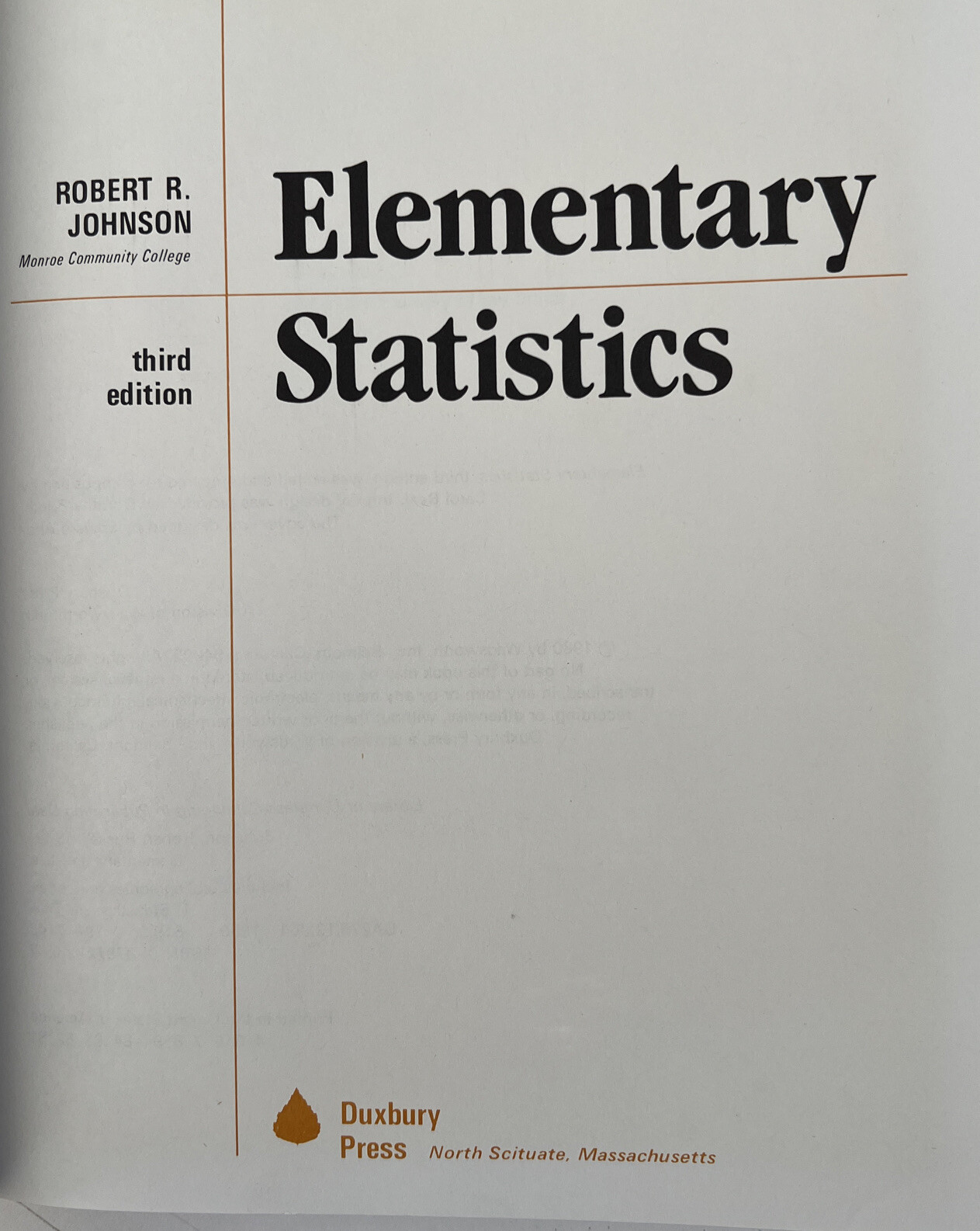 Elementary Statistics, Third Edition, by Robert Johnson 1980 Hardcover