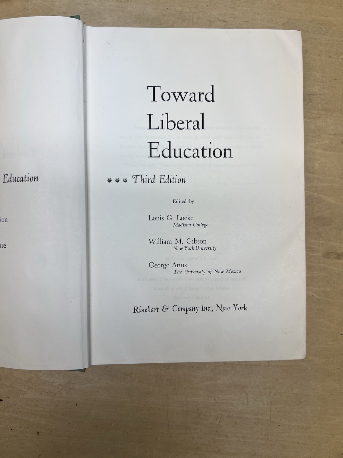 1958 Toward Liberal Education (3rd Ed, Locke, Gibson, Arms) Rinehart & Co