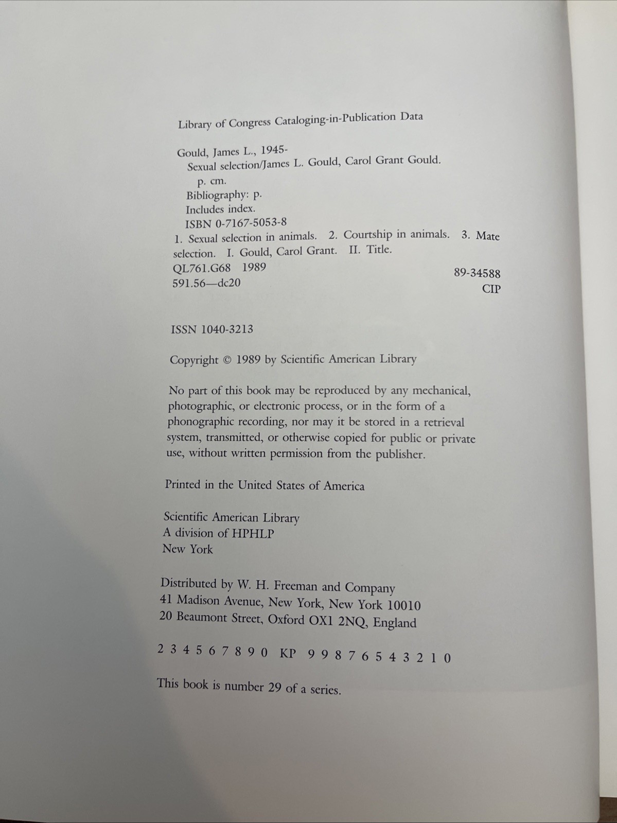 Scientific American Library: Sexual Selection 1st Edition James L. & Carol Gould