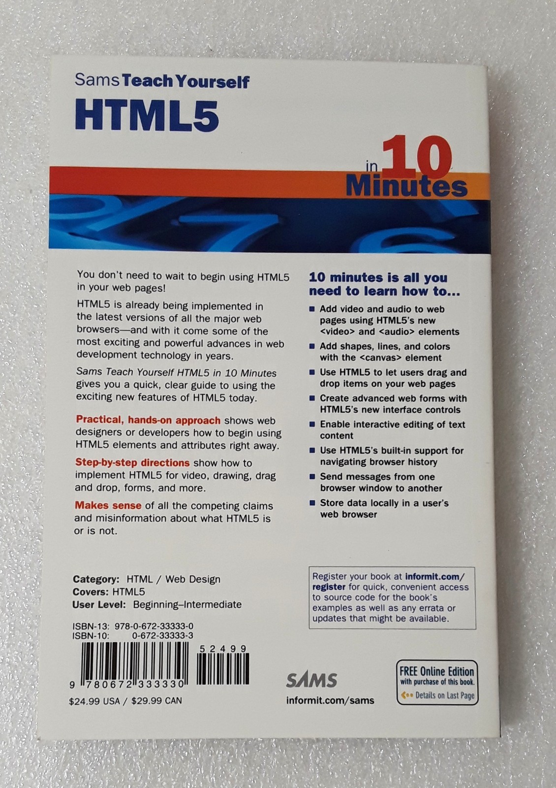 Sams Teach Yourself HTML5 In 10 Minutes by Steven Holzner – New – Free Shipping