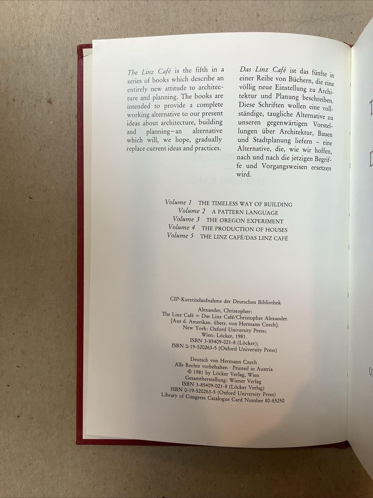 The Linz Cafe / Das Linz Cafe by Christopher Alexander 1st US Ed Oxford Uni 1982