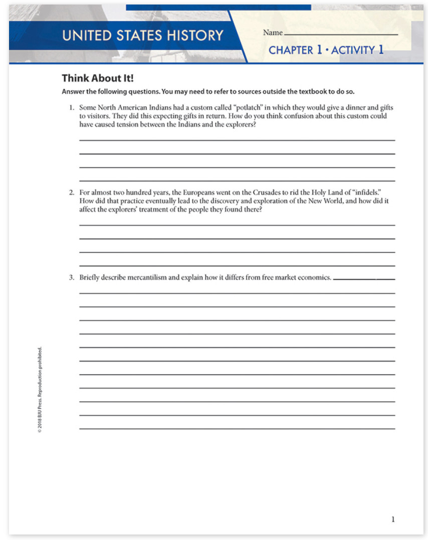 NEW BJU 11th grade UNITED STATES HISTORY STUDENT ACTIVITIES 506675 US 5th E