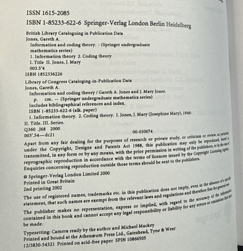 Springer Undergraduate Mathematics Ser Information Coding Theory Gareth