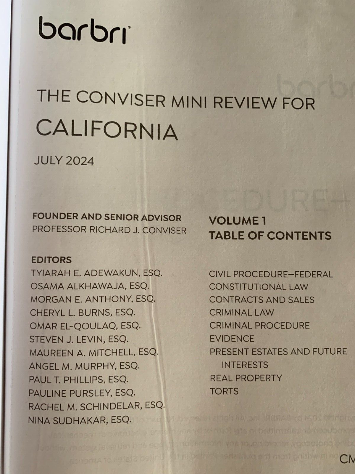 JULY 2024 2025 Barbri Bar Exam CONVISER Mini Review for CALIFORNIA CA & MBE SET