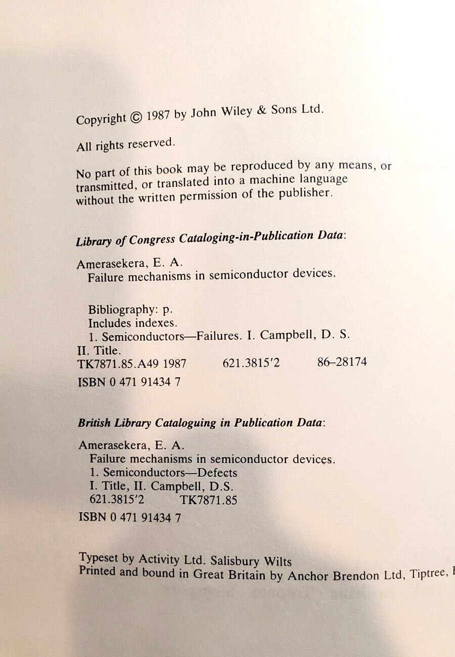 Failure Mechanisms in Semiconductor Devices Ameraseker Campbell Hardcover Book