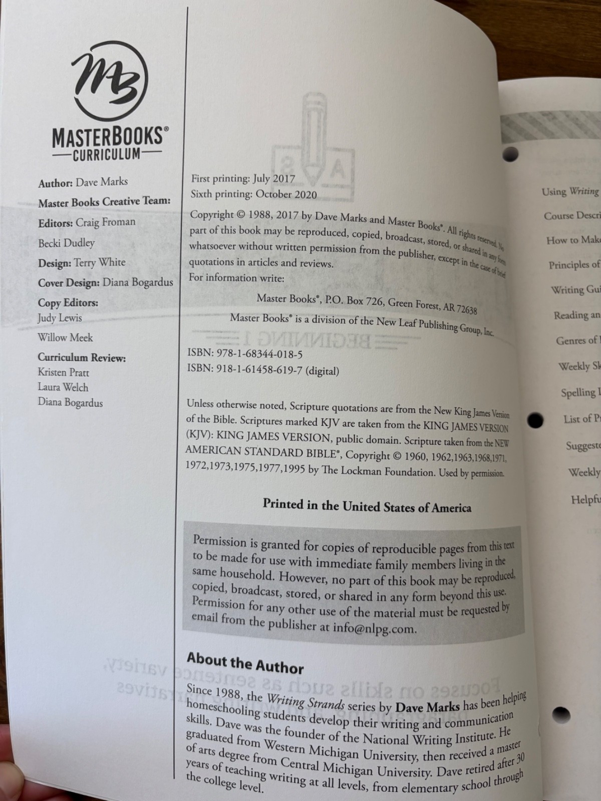 Master Books Writing Strands: Beginning 1 and Teaching Companion