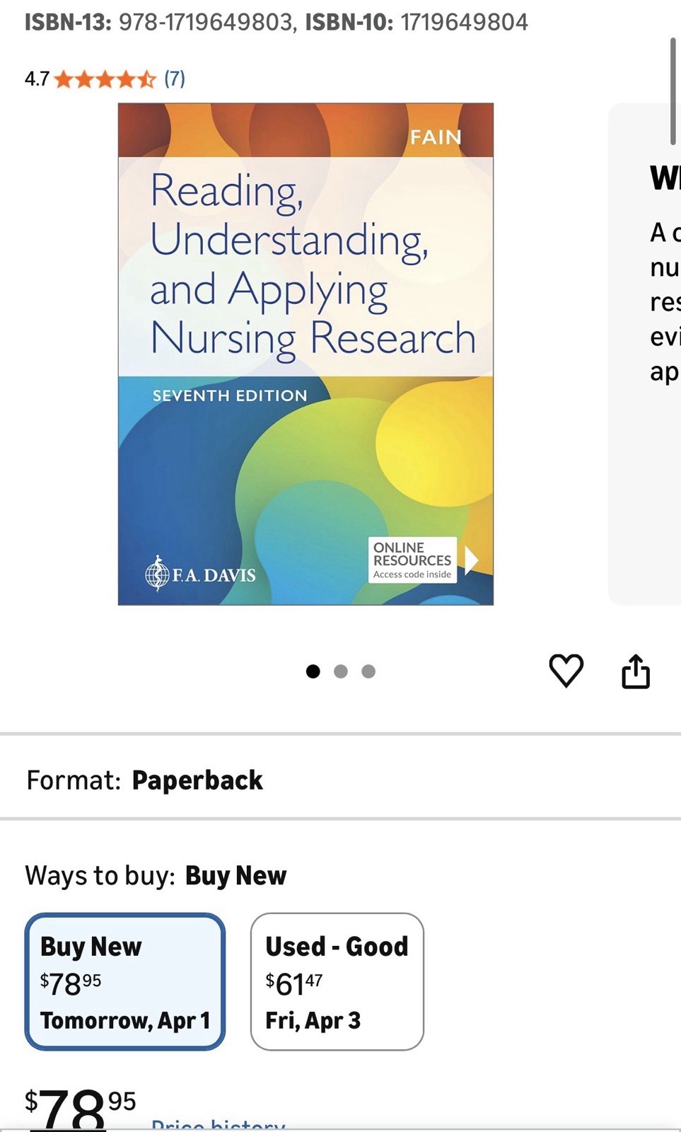 F.A. Davis Nursing Research Seventh Edition James A. Fain Paperback w/ Online R…