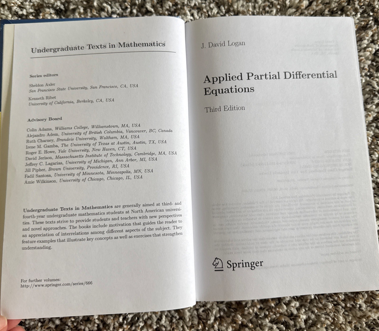 Applied Partial Differential Equations J. David Logan 3rd Ed Springer Hardcover