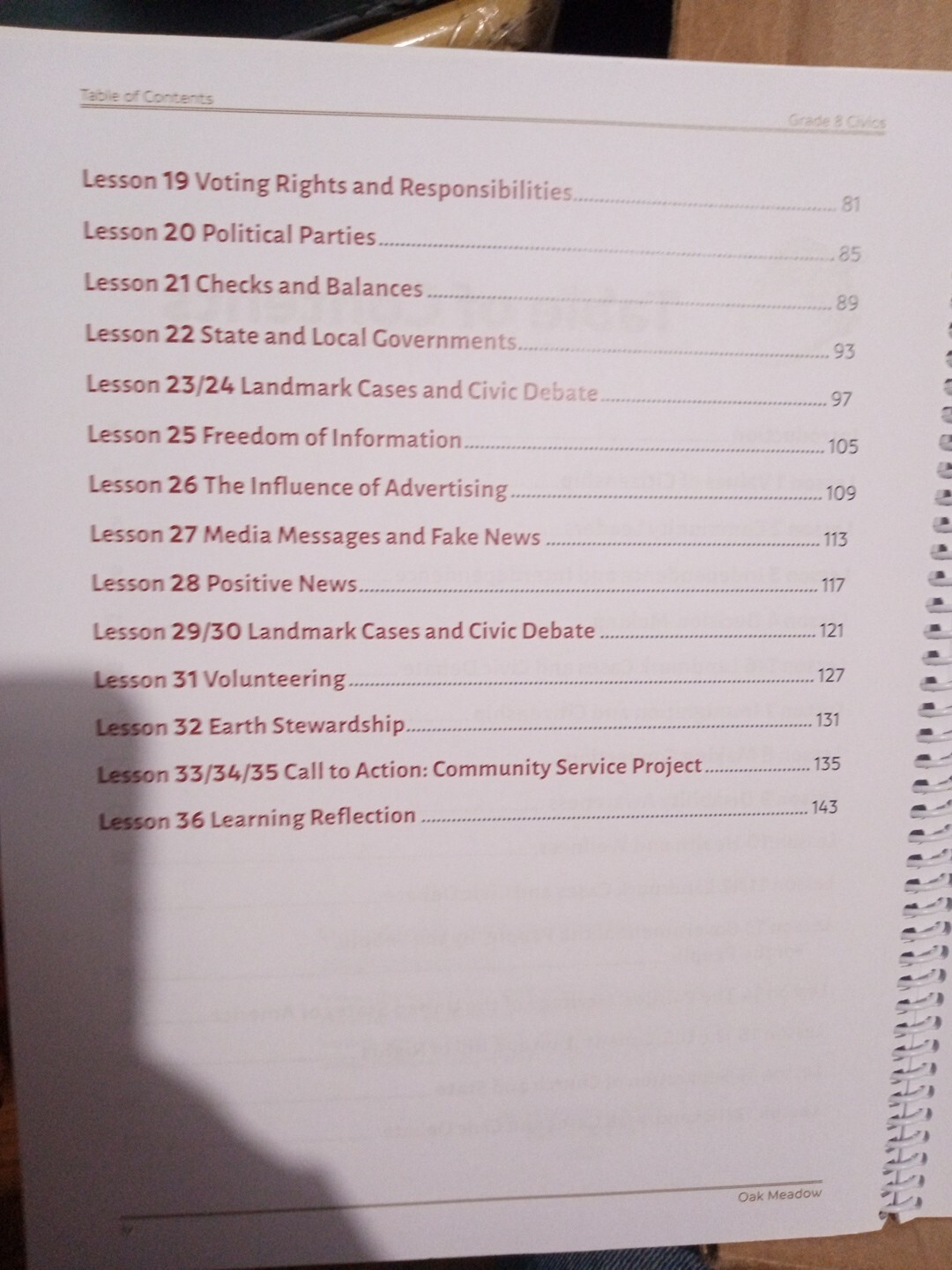 Oak Meadow– Civics 8 Teacher Manual –Spiral Paperback