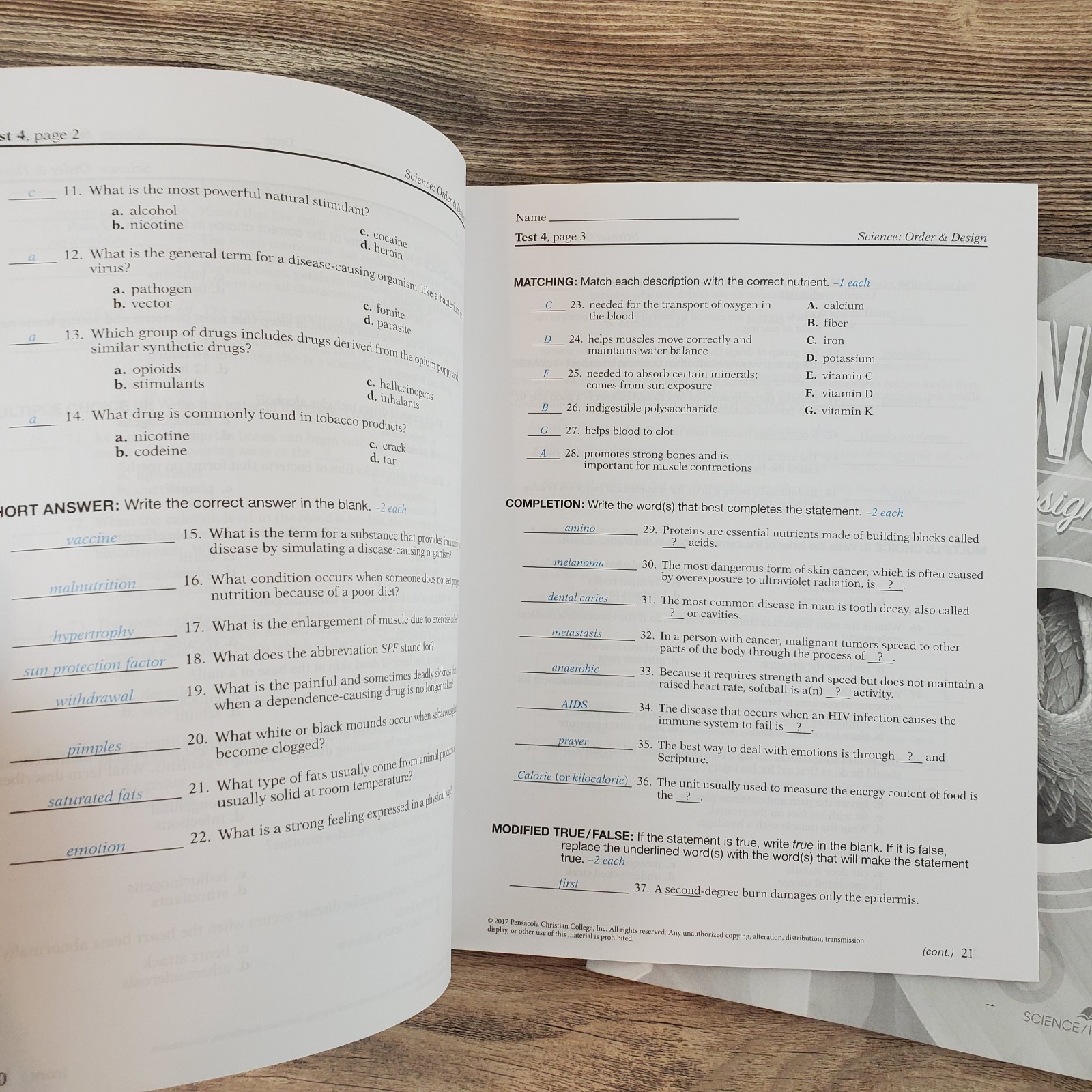 Abeka Science Order & Design Tests and Teacher’s Key Unused