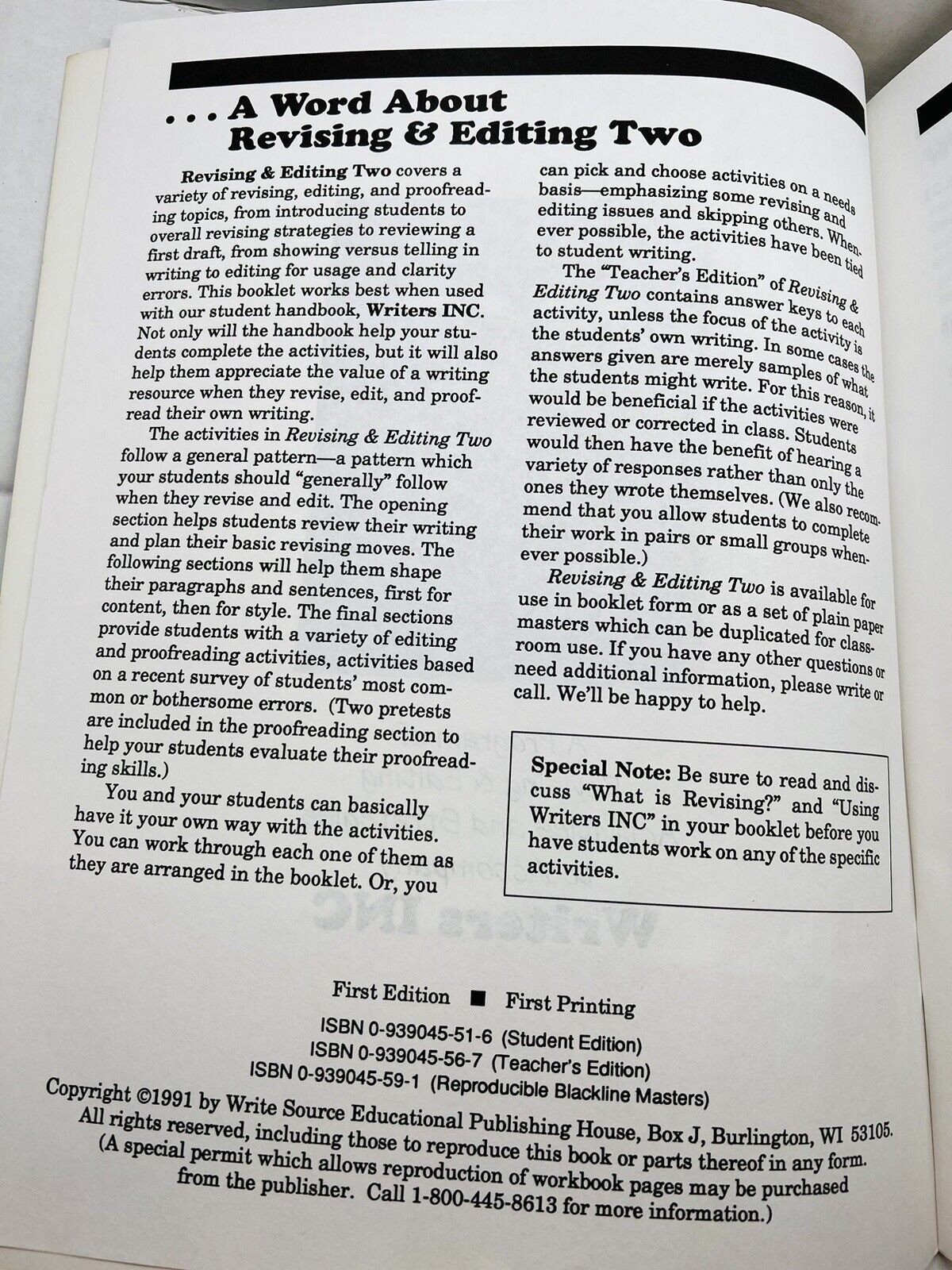 Writers Inc Revising & Editing Two Teacher Edition~Write Source 1991 ~ K1 13