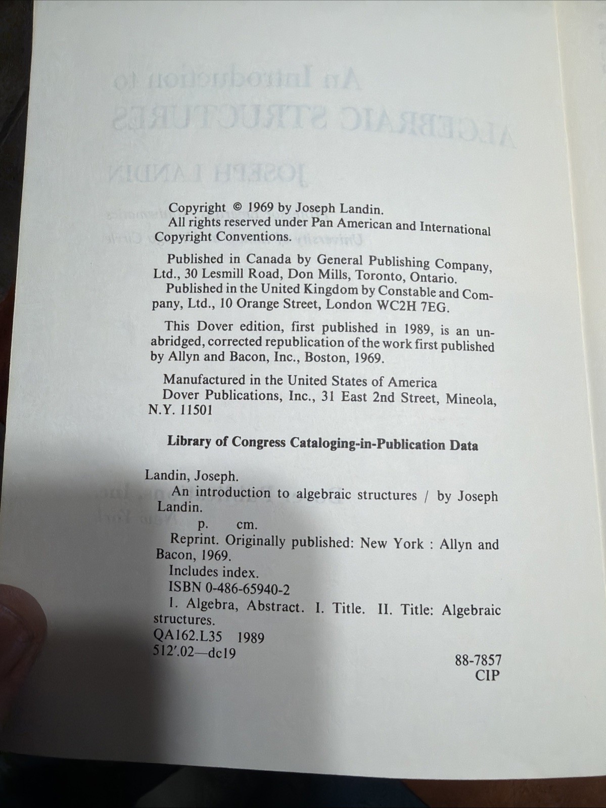 Dover Books: Introduction to Algebraic Structures by Joseph Landin 1969 Vintage