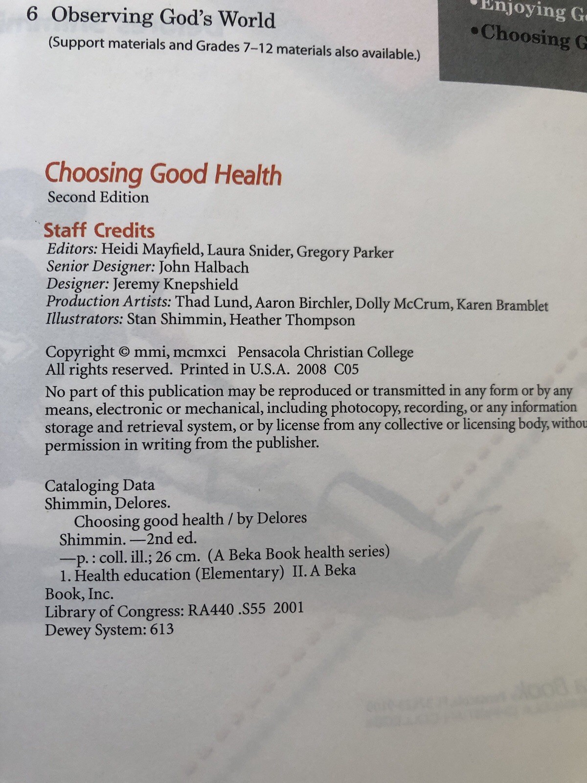 A Beka Book Abeka Choosing Good Health 2nd Ed 6th Gr Homeschool Student Textbook