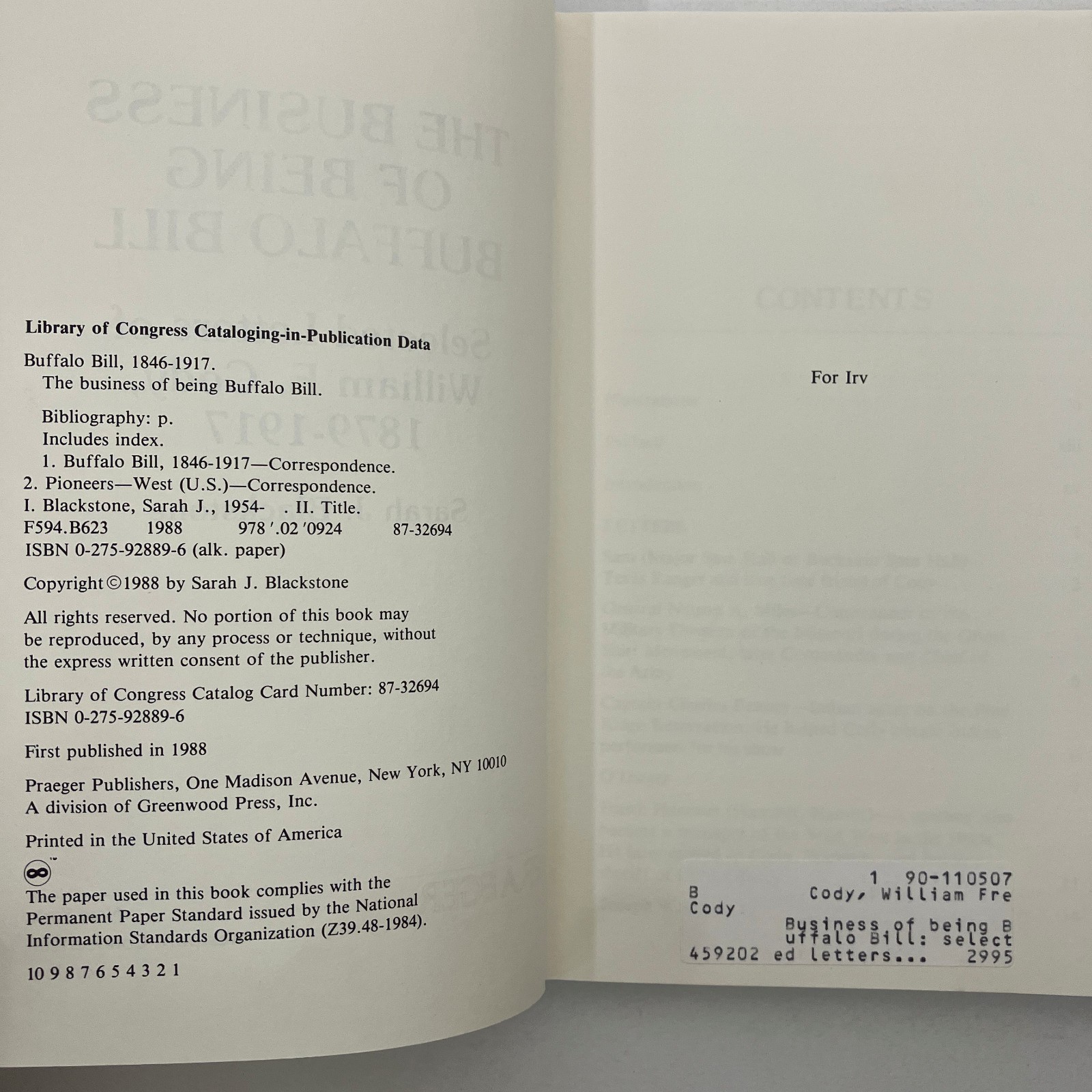 Business of Being Buffalo Bill Letters of William Cody EX-LIBRARY 1st Ed 1988 HC