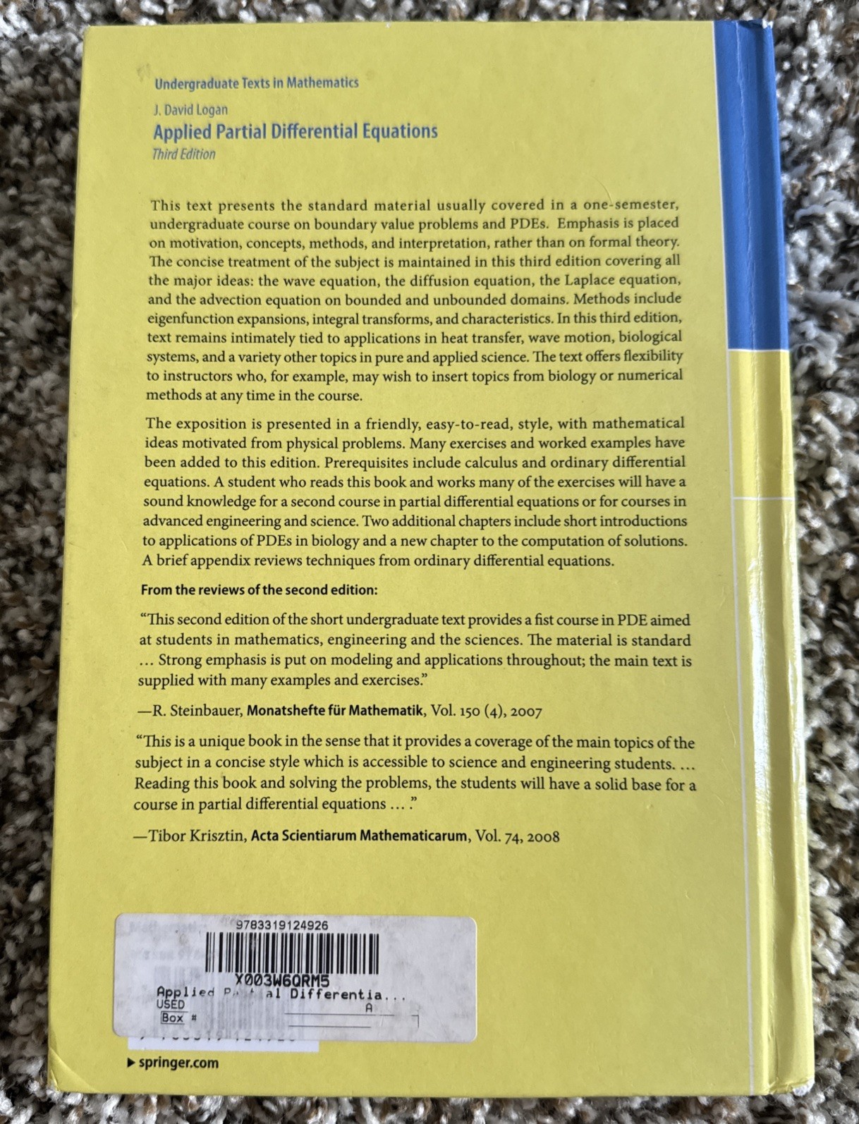 Applied Partial Differential Equations J. David Logan 3rd Ed Springer Hardcover