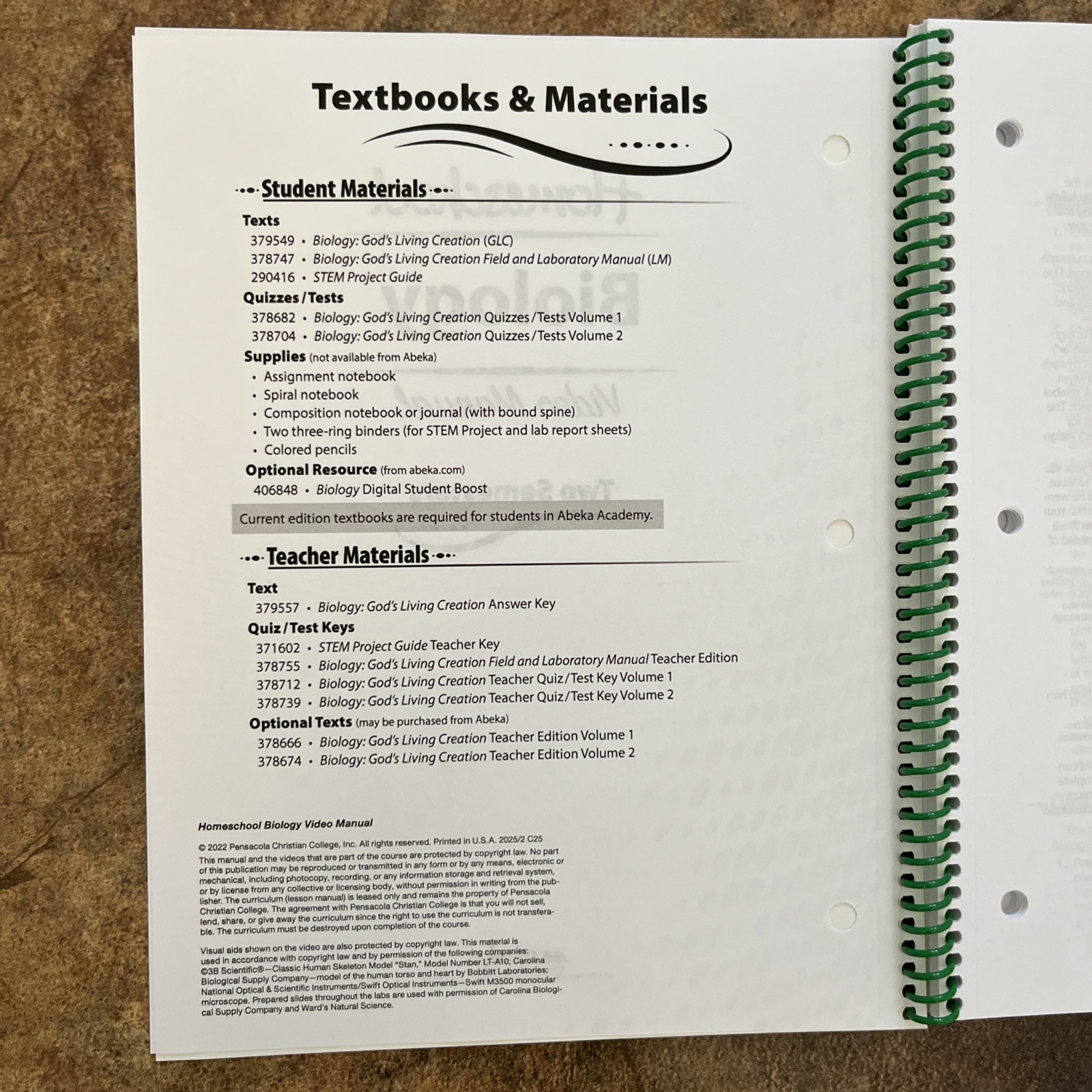 Abeka Homeschool Biology Video Manual Ring/Wire Bound English Science