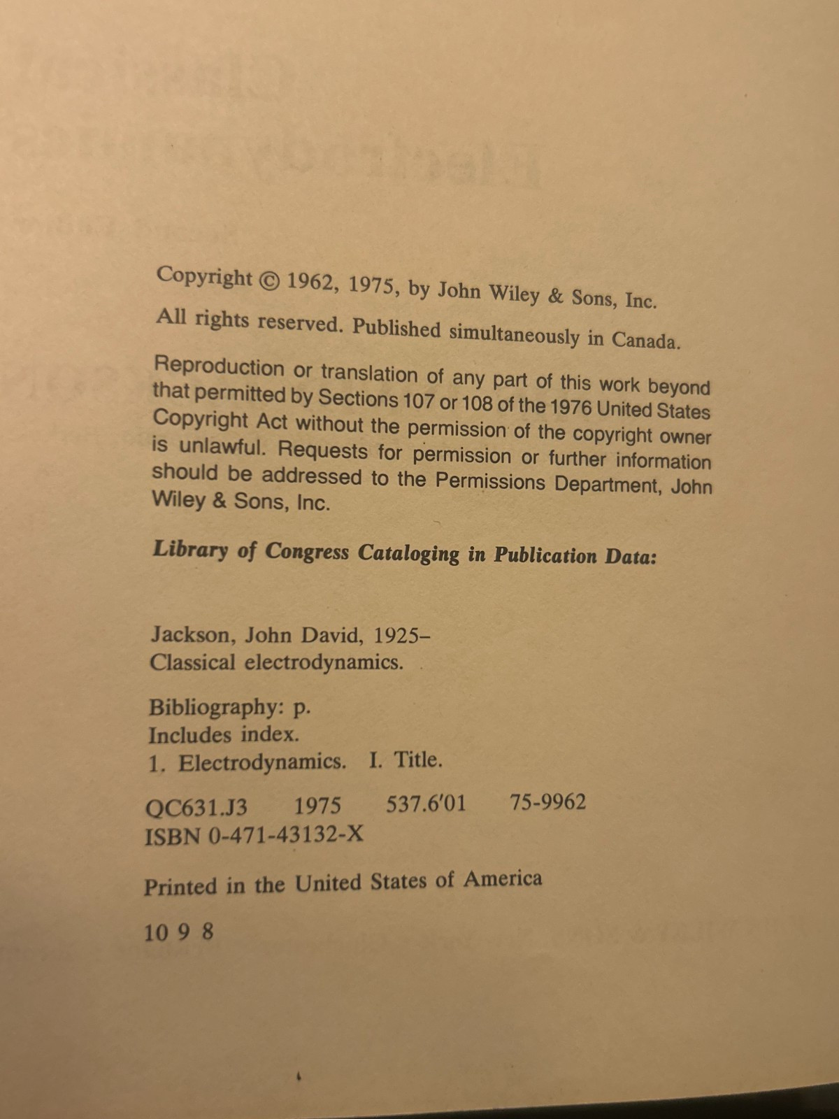Classical Electrodynamics – 1975 – John David Jackson – 2nd Edition – Very Good