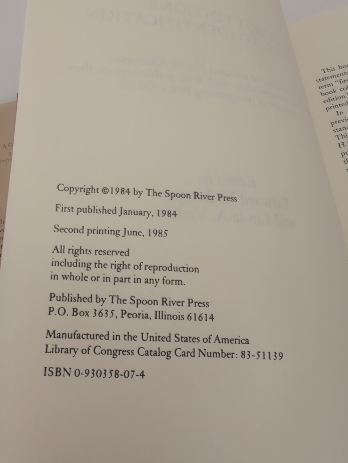 First Editions, A Guide to Identification, 1985 HC/DJ, Second Printing
