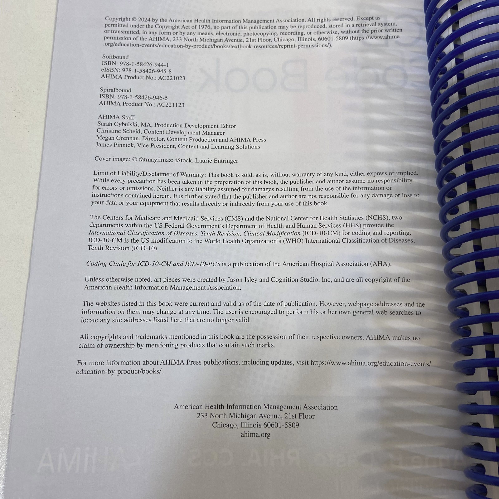 ICD-10-CM Code Book 2024 AHIMA Press Anne B Casto Spiralbound Unused Color Flags