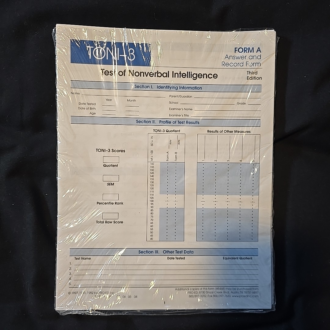 Test Of Nonverbal Intelligence 3 (TONI-3) By Pro-Ed (3rd Edition)