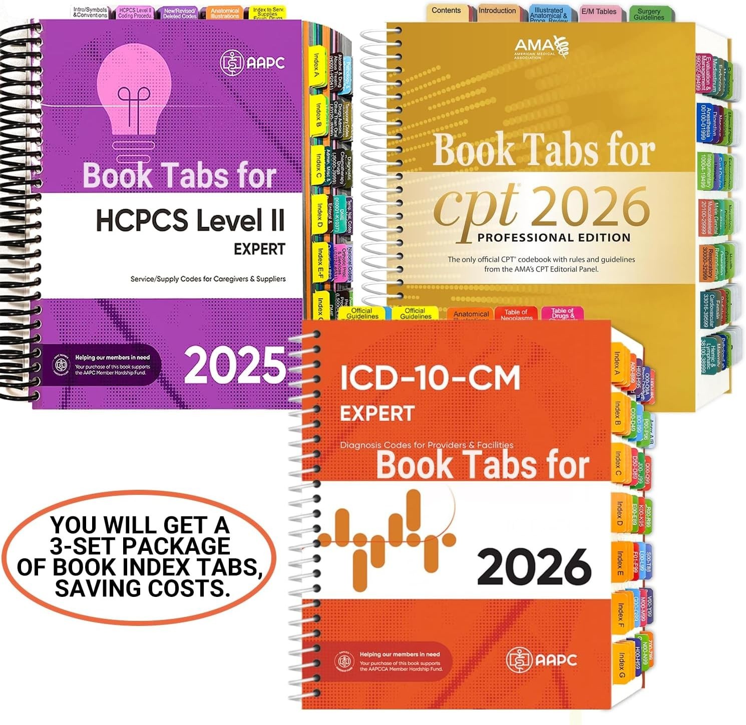 Index Tabs for AMA CPT Book, ICD-10 Code, HCPCS Level II, 3-Set Bundle 2026/2025