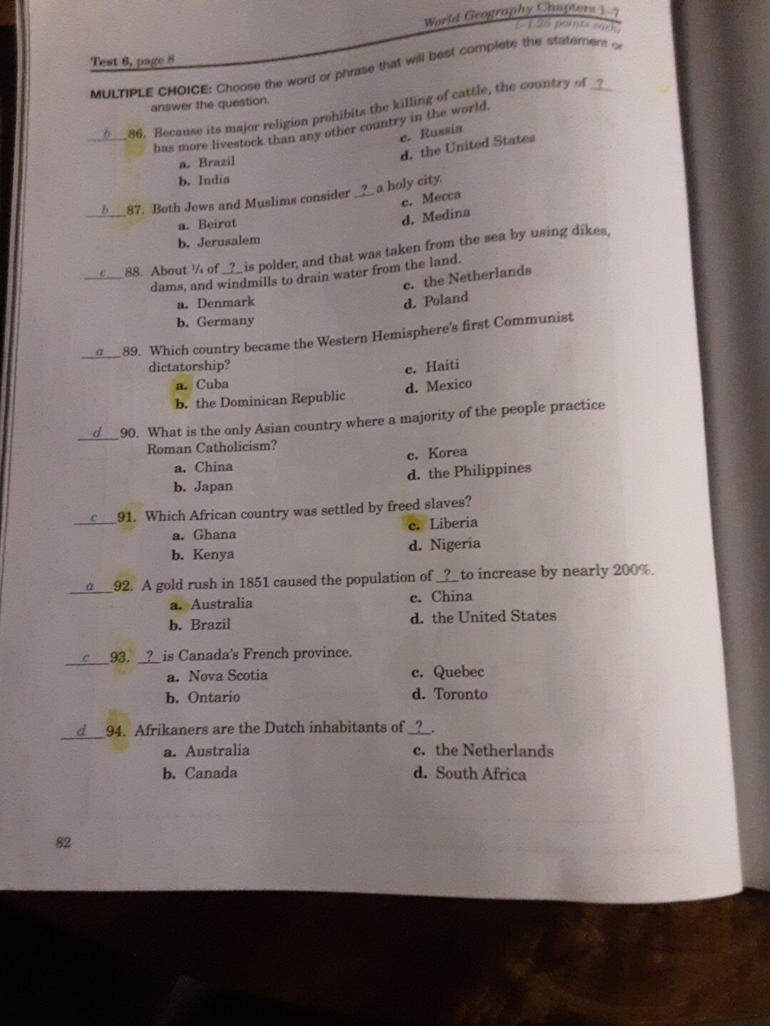 Abeka A Beka World Geography Test Quiz Key Homeschool