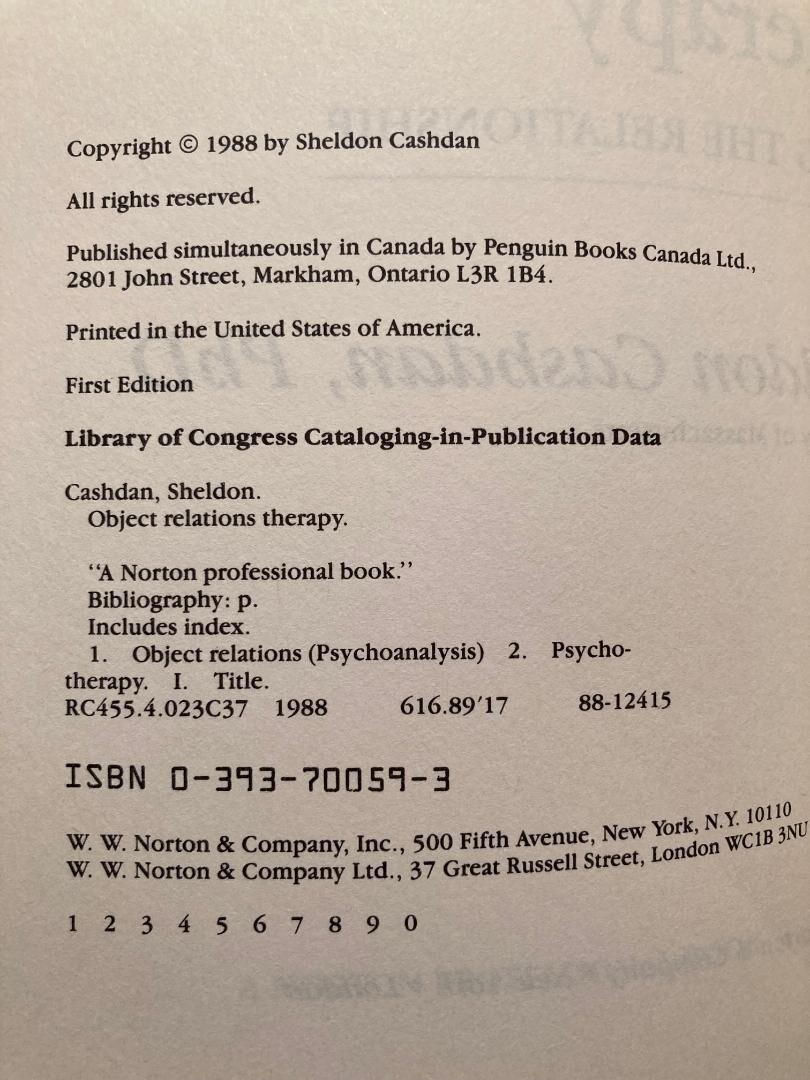 Object Relations Therapy by Sheldon Cashdan (First Edition, 1988, Hardcover)