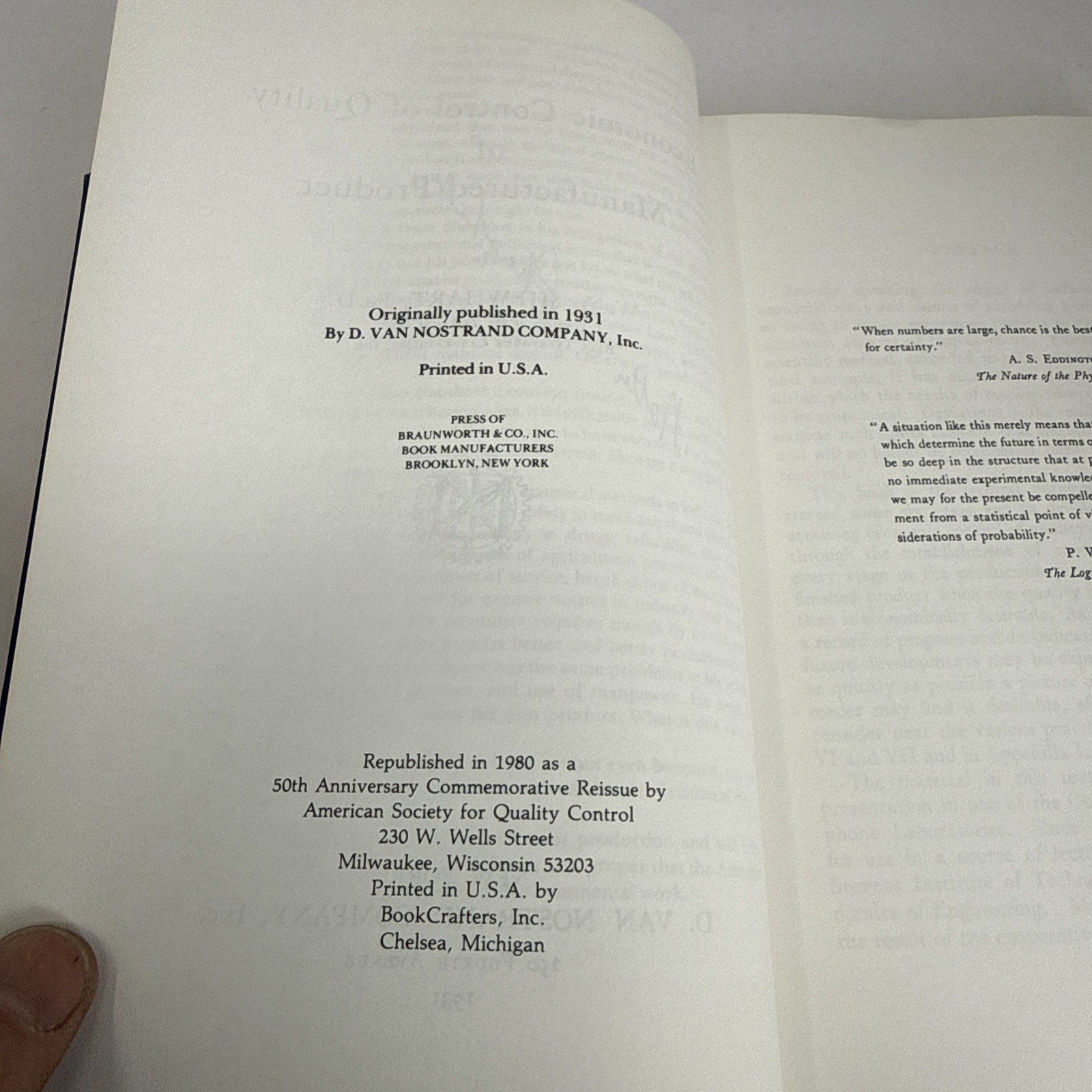 Shewhart Economic Control of Quality Manufactured Product 1980 ASQC HC Deming SP