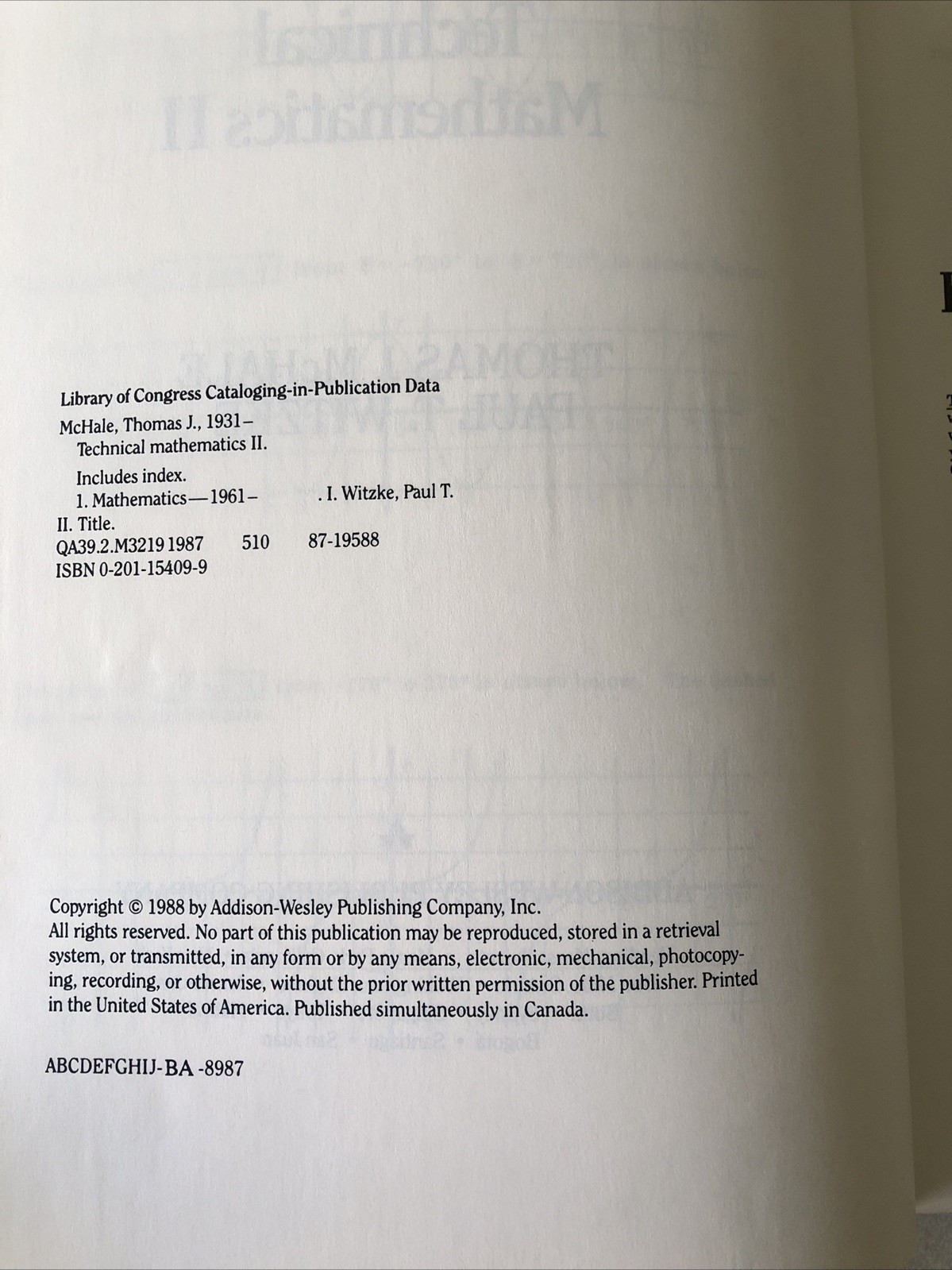 Technical Mathematics II – Paperback, by McHale; Witzke – Professional Copy