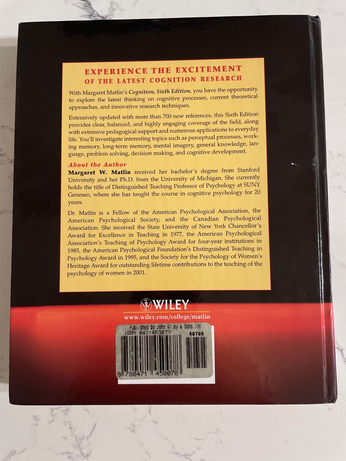 Cognition Sixth Edition- Hardcover By Matlin, Margaret W – Very good condition