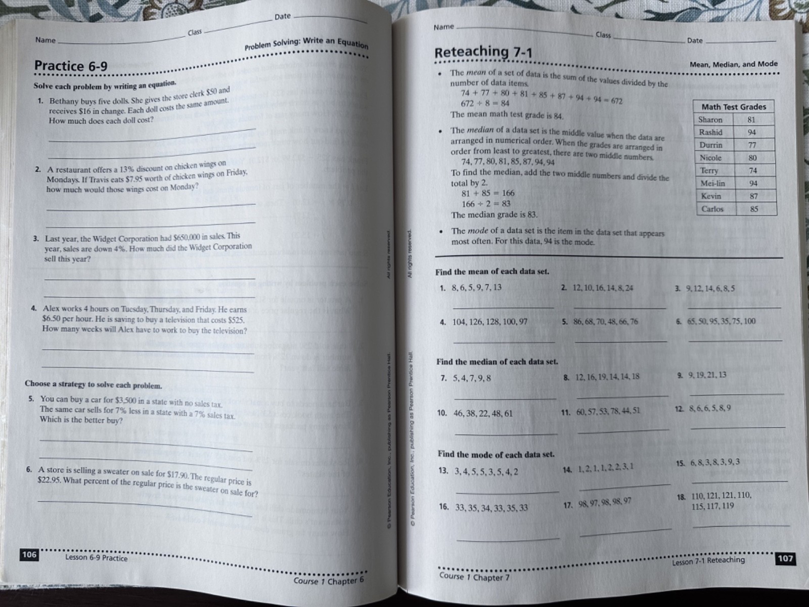 Prentice Hall Mathematics STUDY GUIDE & PRACTICE WORKBOOK Course 1