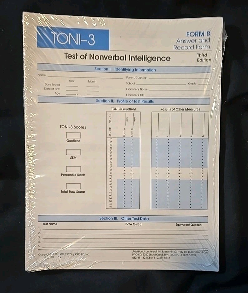 Test Of Nonverbal Intelligence 3 (TONI-3) By Pro-Ed (3rd Edition)