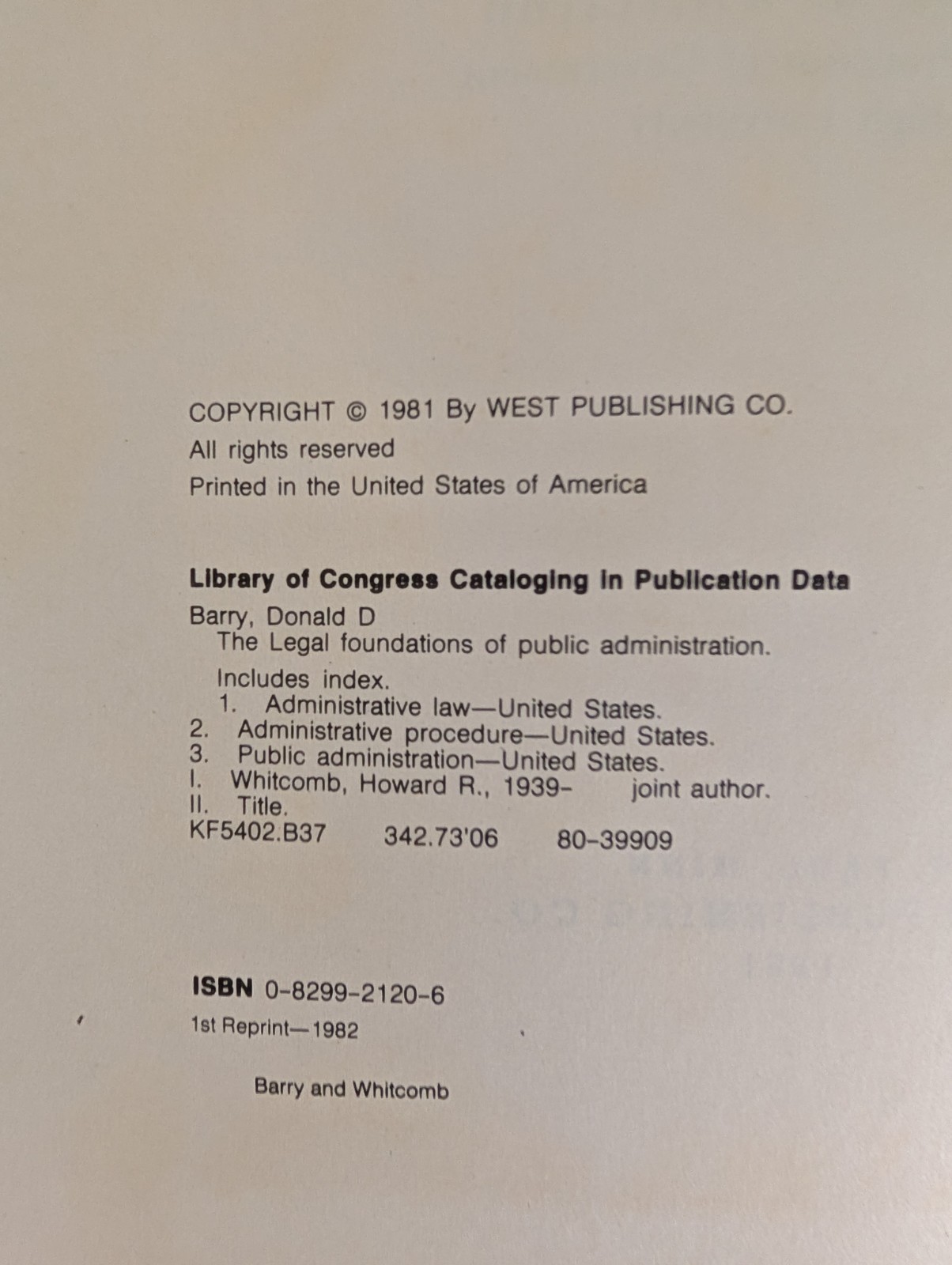 The Legal Foundations of Public Administration (1981) Barry & Whitcomb – 1st Ed