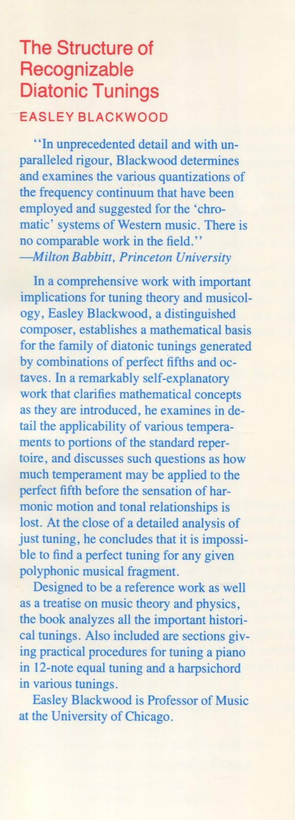 The Structure of Recognizable Diatonic Tunings by Easley Blackwood