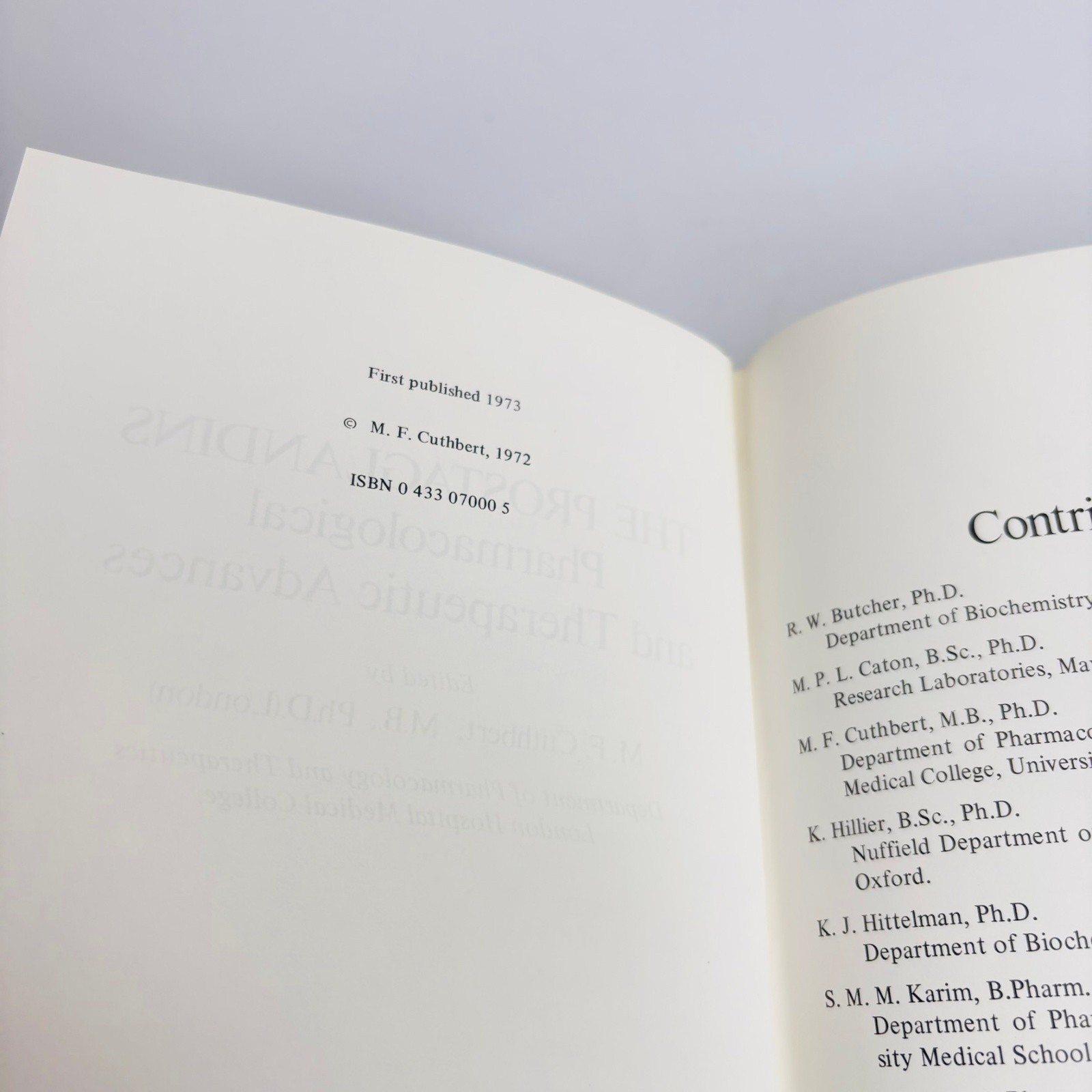 The Prostaglandins Pharmacological And Therapeutic Advances Cuthbert 1973