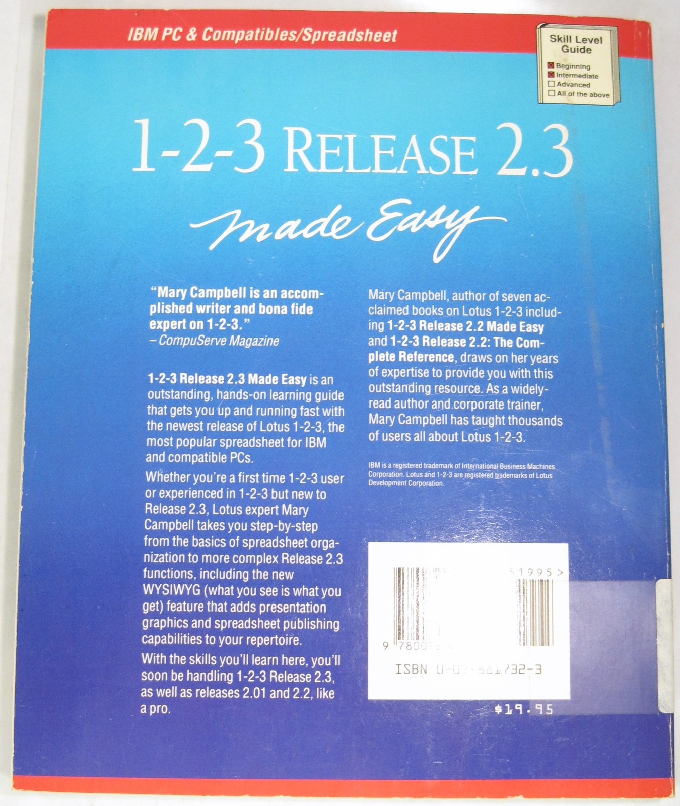 Osborne McGraw-Hill 1991 1-2-3 Release 2.3 Made Easy by Mary Campbell Guide Book