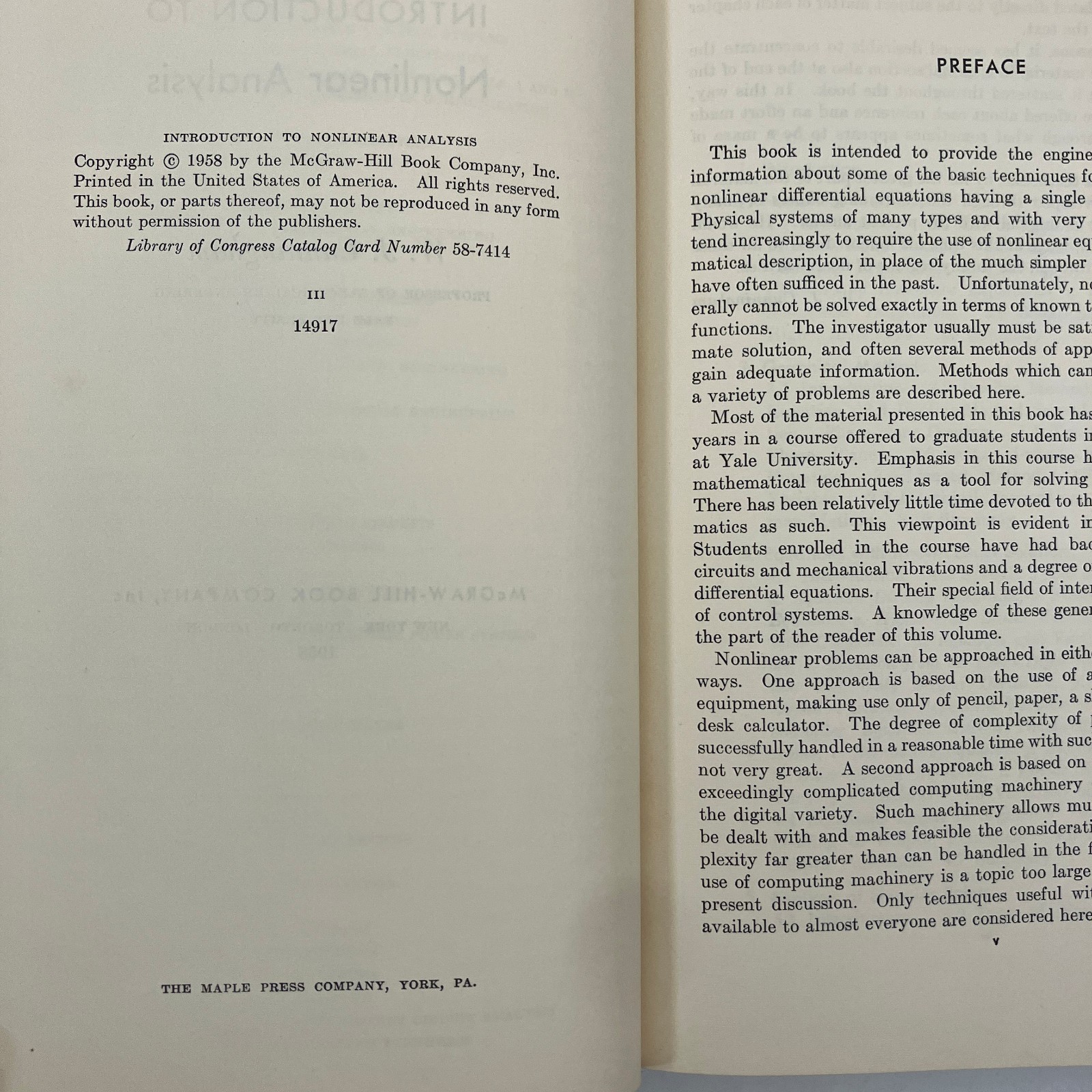 Nonlinear Analysis McGraw Hill Electrical and Electronic Engineering 1958 HC