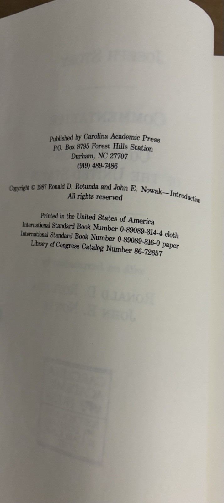 Joseph Story Commentaries On The Constitution 1987 Carolina Academic Press HC DJ