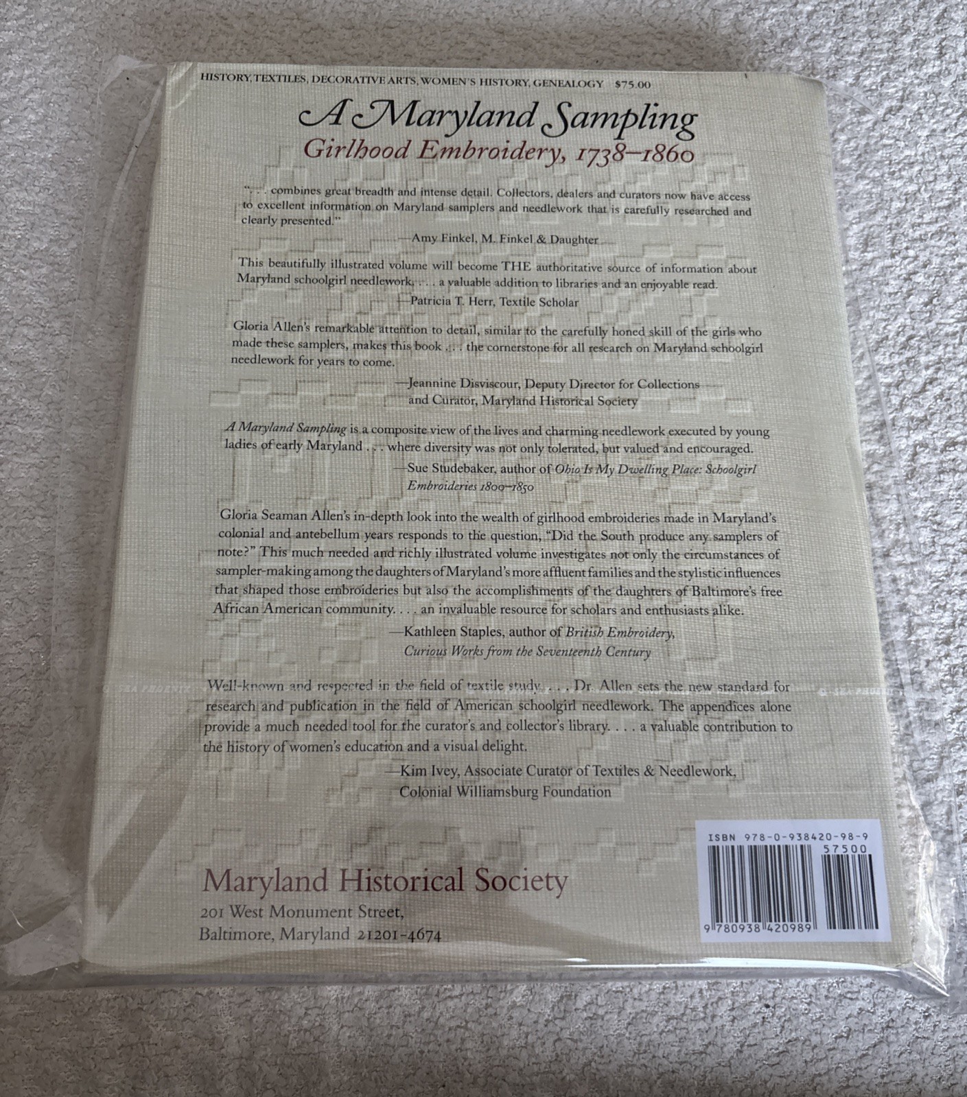 Maryland Sampling : Girlhood Embroidery, 1738-1860 by Gloria Seaman Allen (2007,